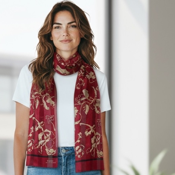 Ralph Lauren Crimson and Gold Floral Silk Scarf - Picture 1 of 4